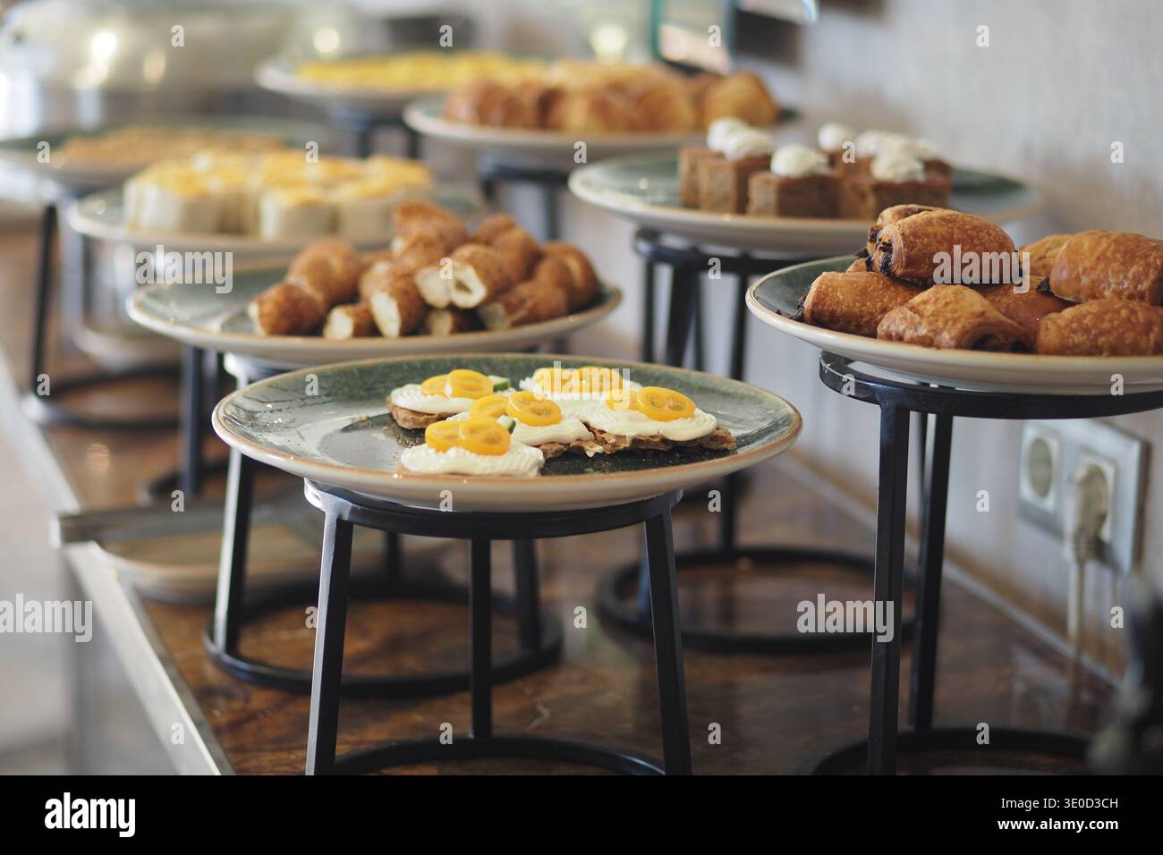 Breakfast buffet with various food items on display Stock Photo