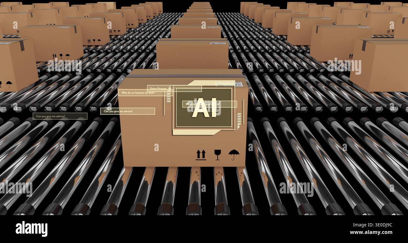 Displaying central cardboard box rolling on black rollers in depot with ...
