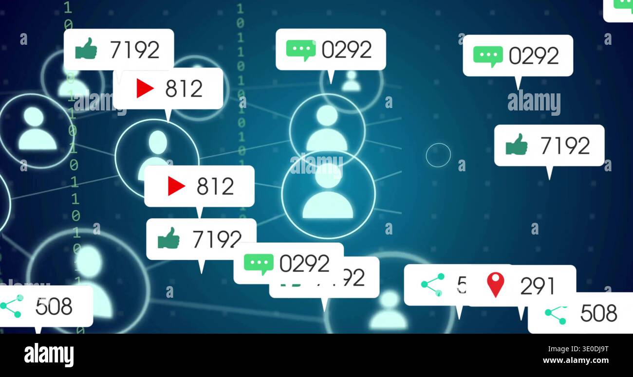 Displaying glowing central node holding two avatars in data network, with alert badges and binary Stock Photo