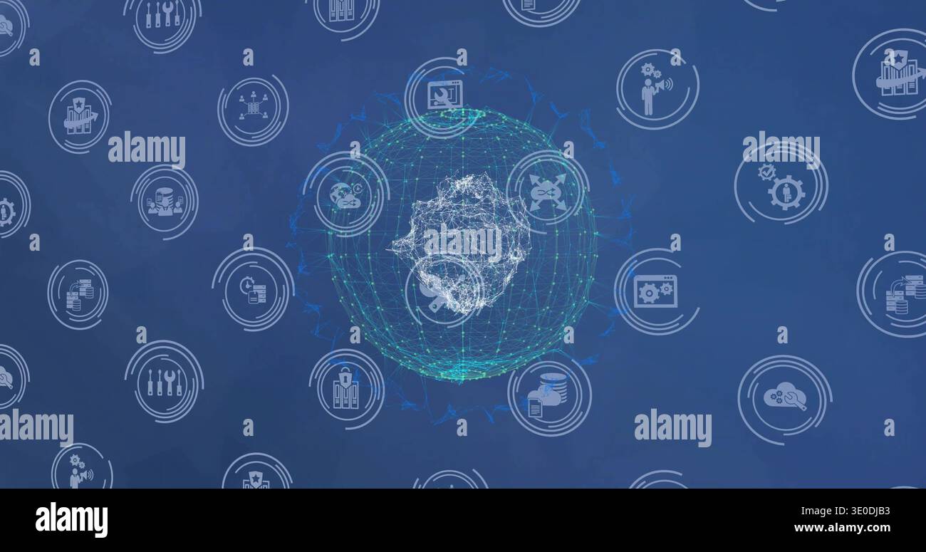 Displaying central wireframe globe pulsing with nodes on blue dashboard, with concentric ring icons Stock Photo