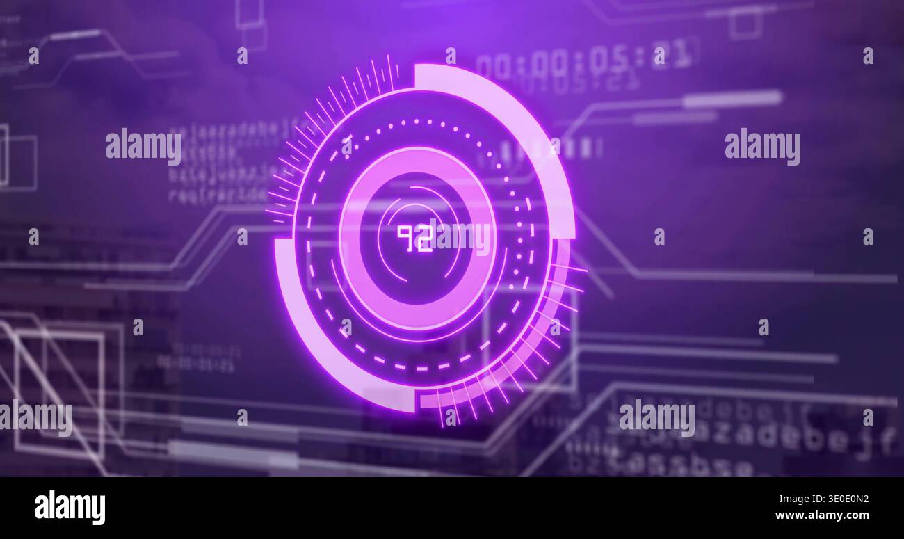Glowing central HUD element pulsing in virtual panel, with numeric readout 92 and progress arc Stock Photo