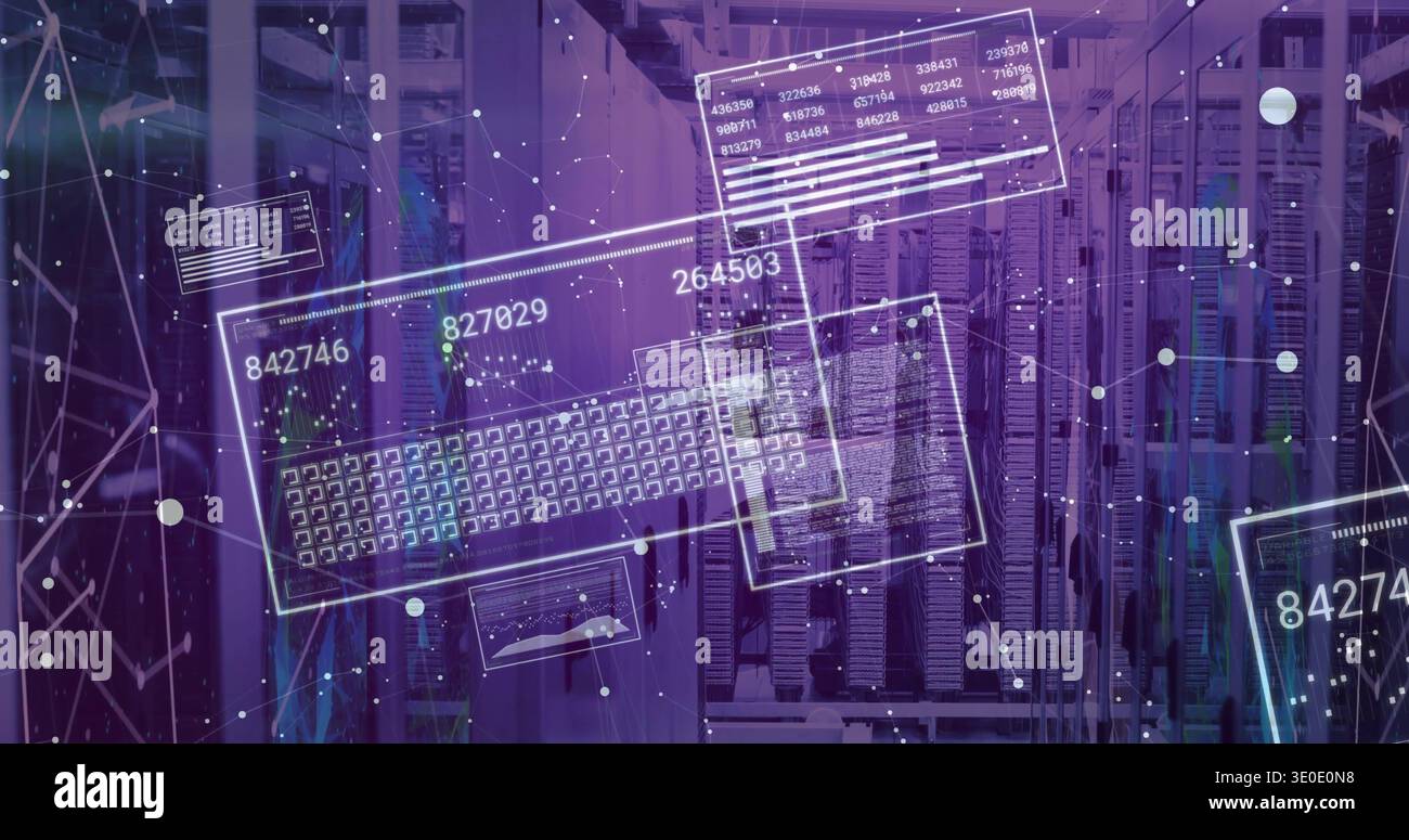 Displaying central server racks showing floating numeric panels inside data center aisle, with LEDs Stock Photo