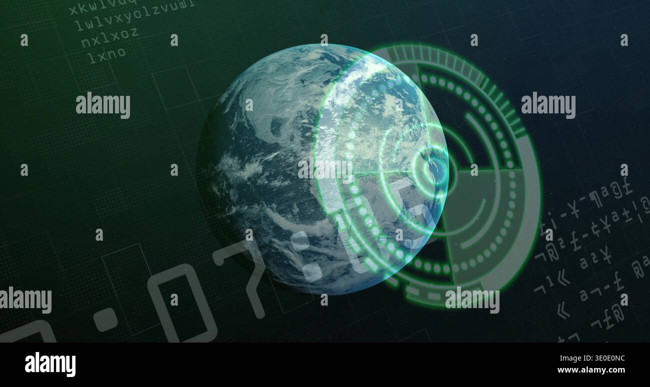Displaying planet Earth with holographic HUD on dark grid plane, showing alphanumeric code Stock Photo