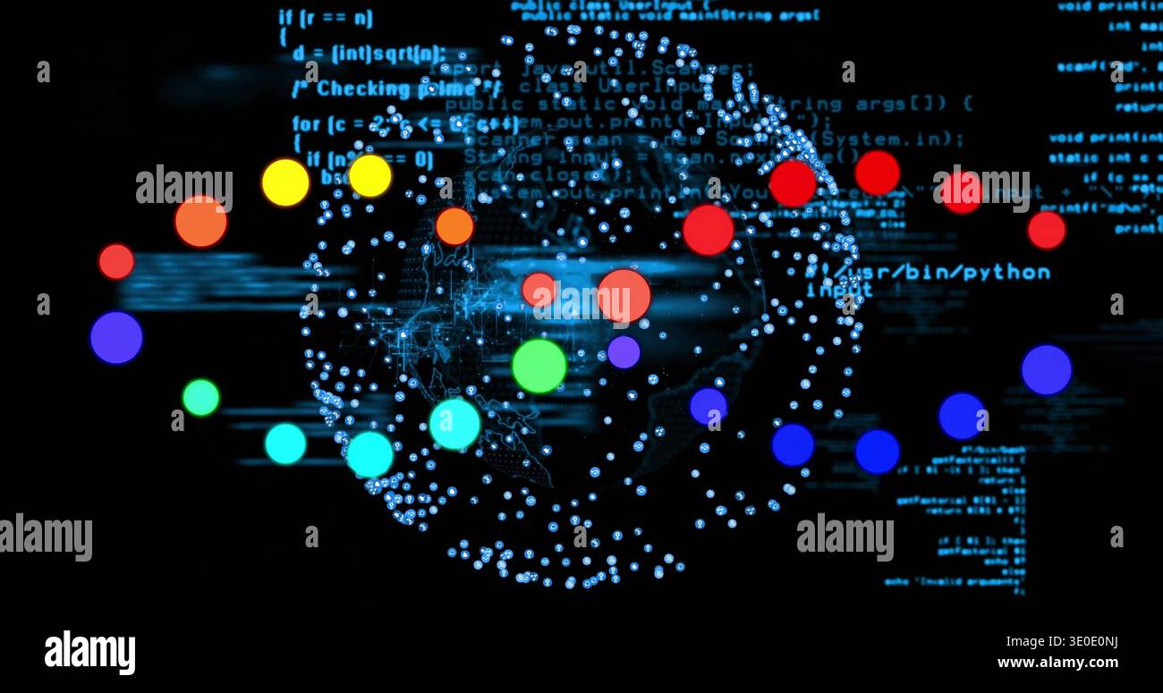 Displaying spherical network pulsing in virtual space, with colored nodes and  or usr or bin or pyth Stock Photo