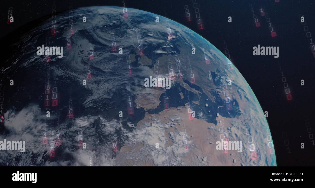 Partial Earth globe rotating, sunlight striking limb starting binary streams cascading showing data Stock Photo
