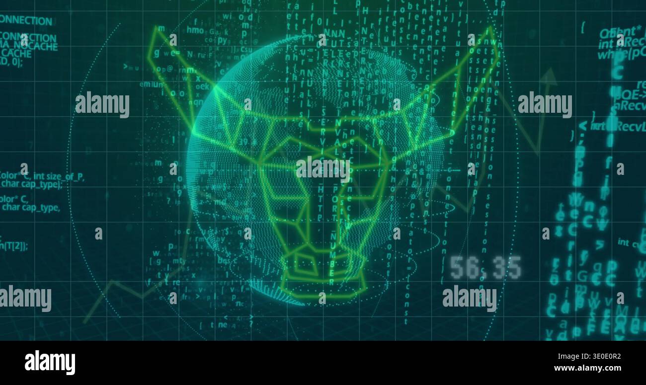 Displaying glowing wireframe bull head centered over dotted globe in virtual HUD, streaming code Stock Photo