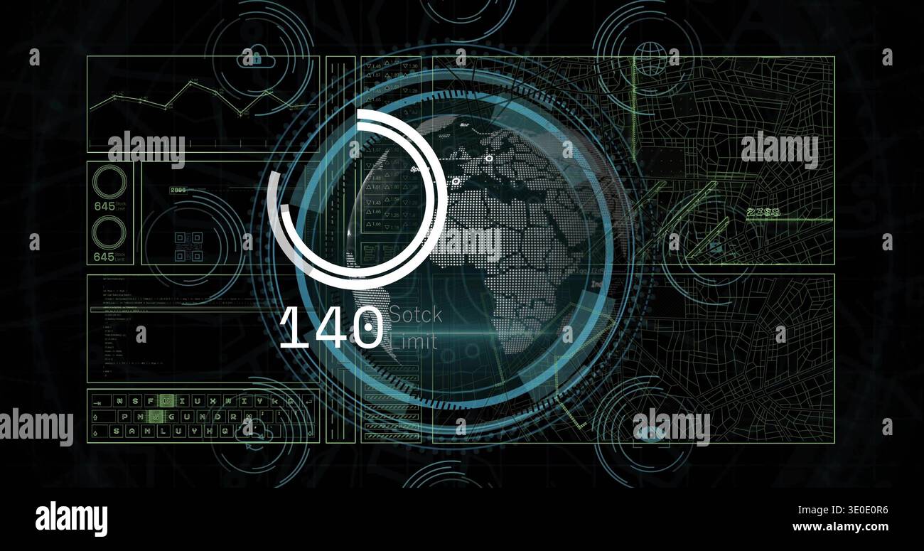 Displaying central dotted globe rotating amid concentric HUD rings on dark dashboard, showing 140 Stock Photo