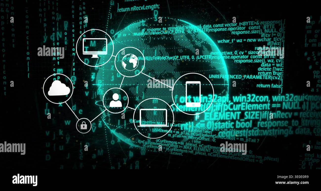 Displaying centered glowing globe linking white node icons and cascading code in cyberspace Stock Photo