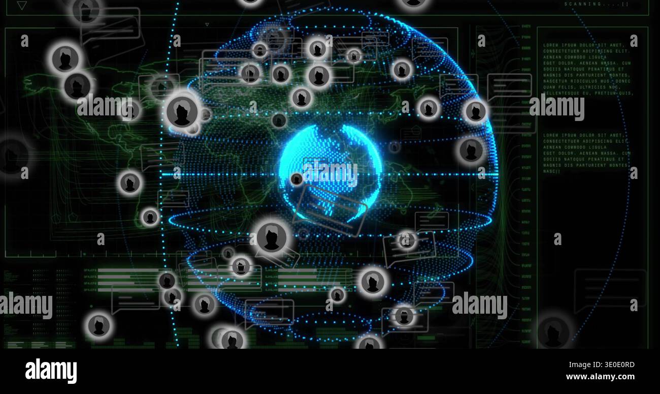 Visualizing central glowing Earth globe rotating in command hub display, with avatar nodes and HUD Stock Photo