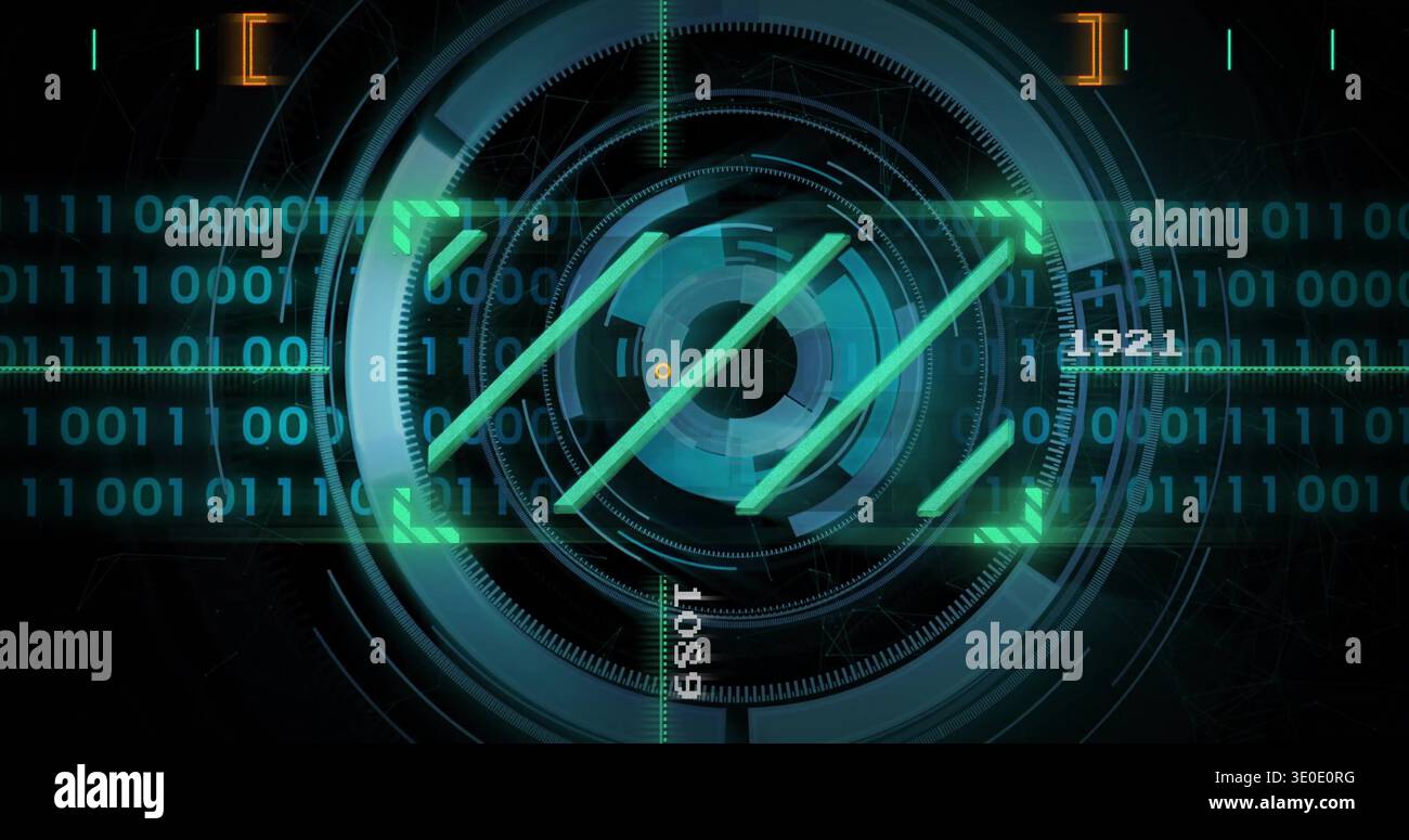 Displaying central circular HUD reticle on virtual panel with targeting frame, binary streams, 1921 Stock Photo