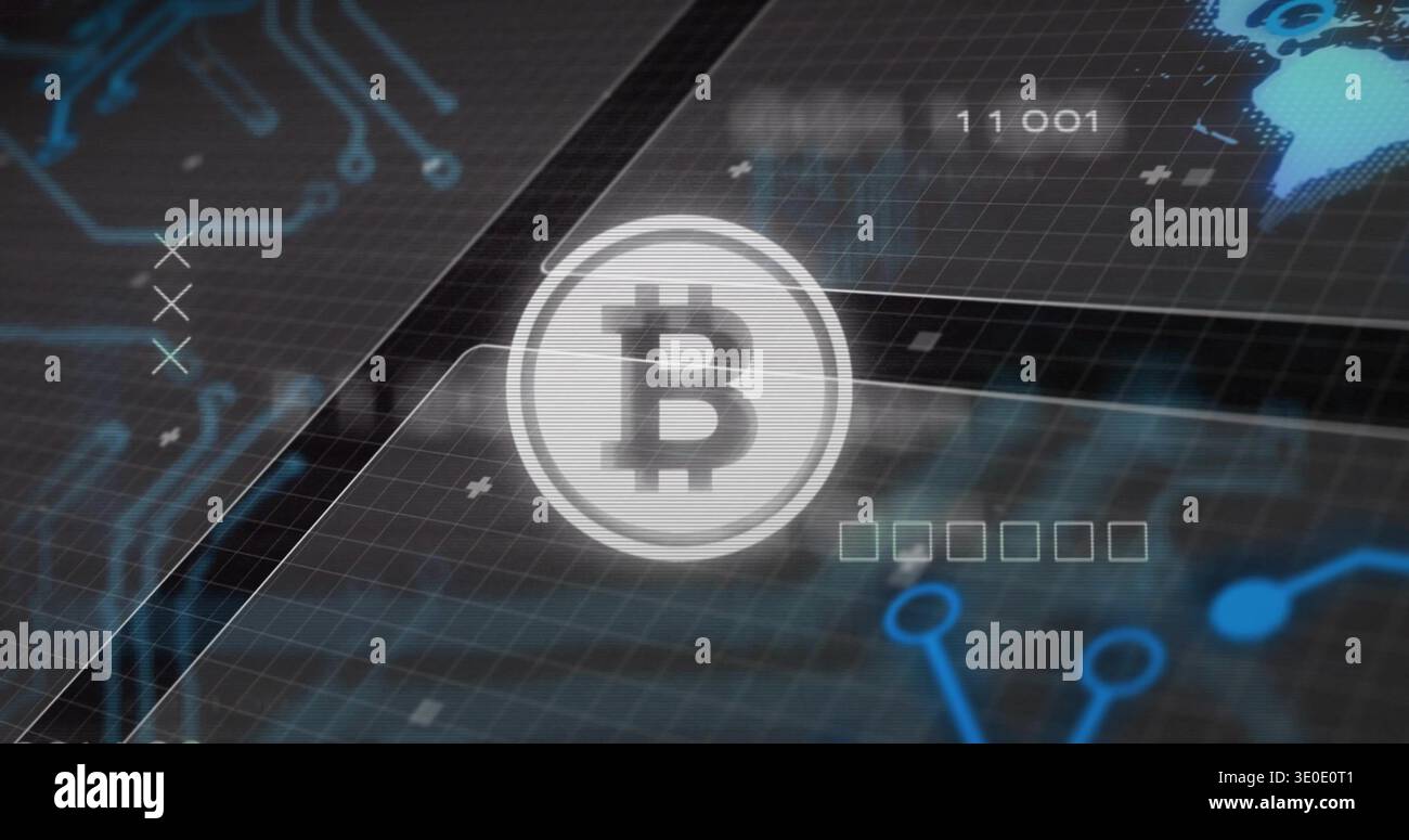Rotating circular Bitcoin emblem hovering over virtual interface, with grid HUD panels and circuits Stock Photo
