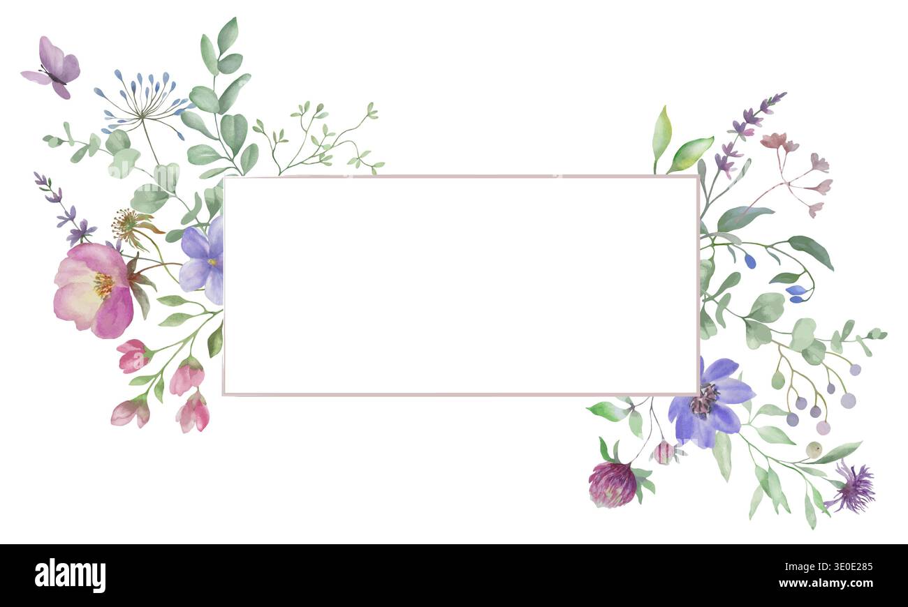 Wildflower meadow frame, watercolor botanical illustration in boho style. Delicate hand drawn floral border for rustic wedding invitations, stationery. Stock Photo