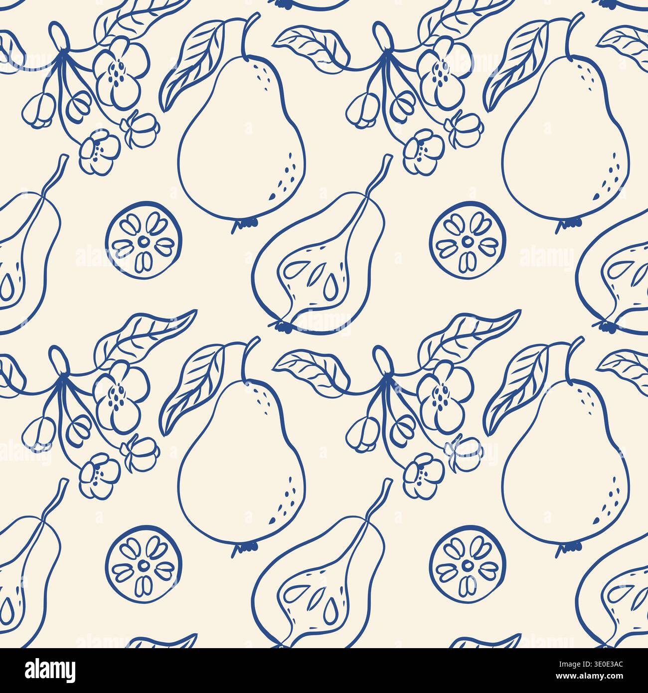 Vector seamless pattern with pears. Hand drawn blue textures. Seamless botanical pattern for paper, fabric, wallpaper, surface design Stock Vector