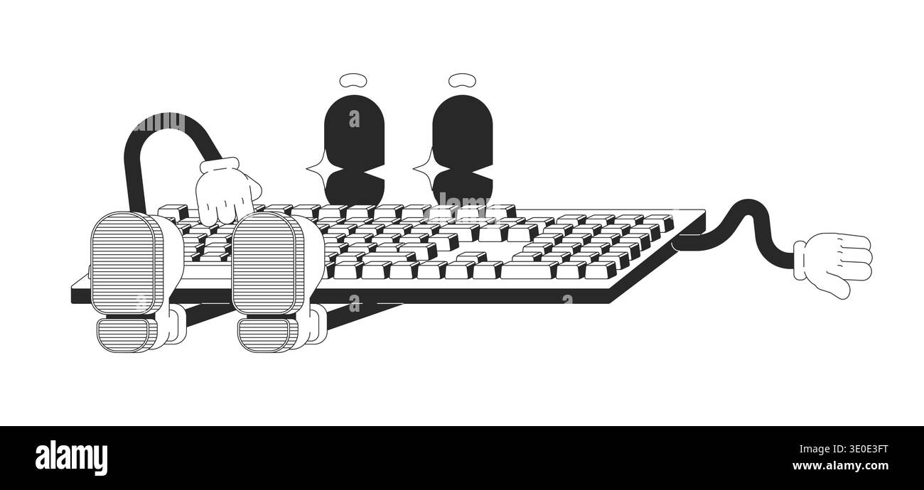 Computer keyboard typing outline groovy mascot character Stock Vector