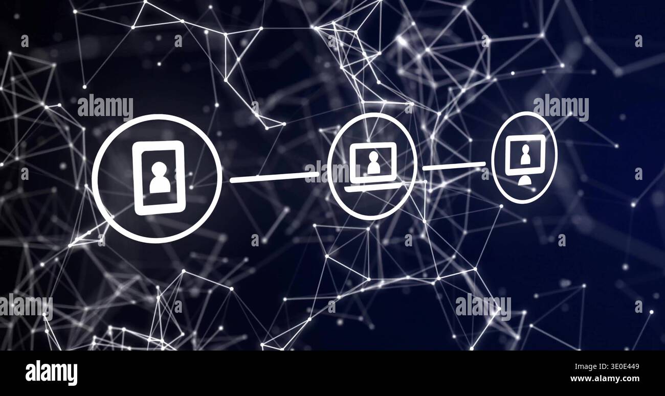 Displaying three linked user-device icons across dark blue digital ...
