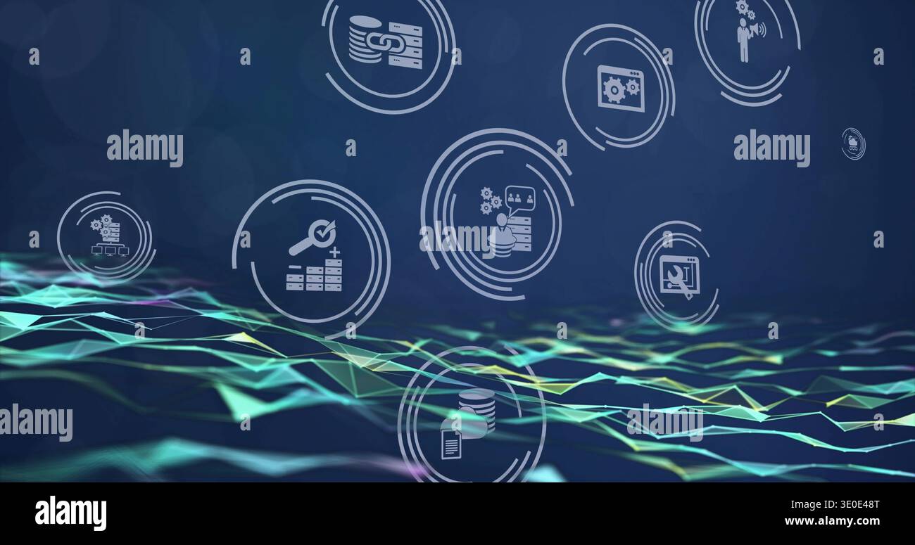 Floating concentric digital icons moving above low-poly mesh, showing ...