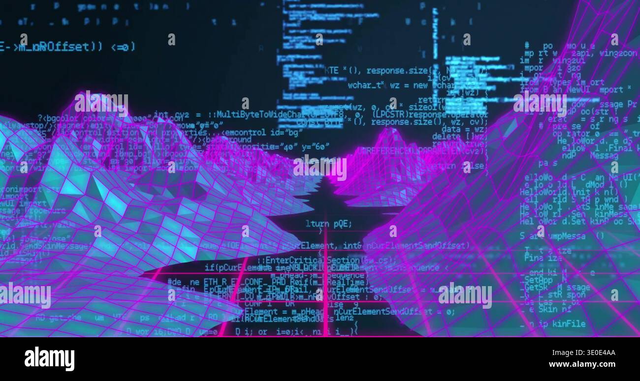 Displaying neon wireframe terrain with scrolling code in virtual cyberspace, glossy black channel Stock Photo