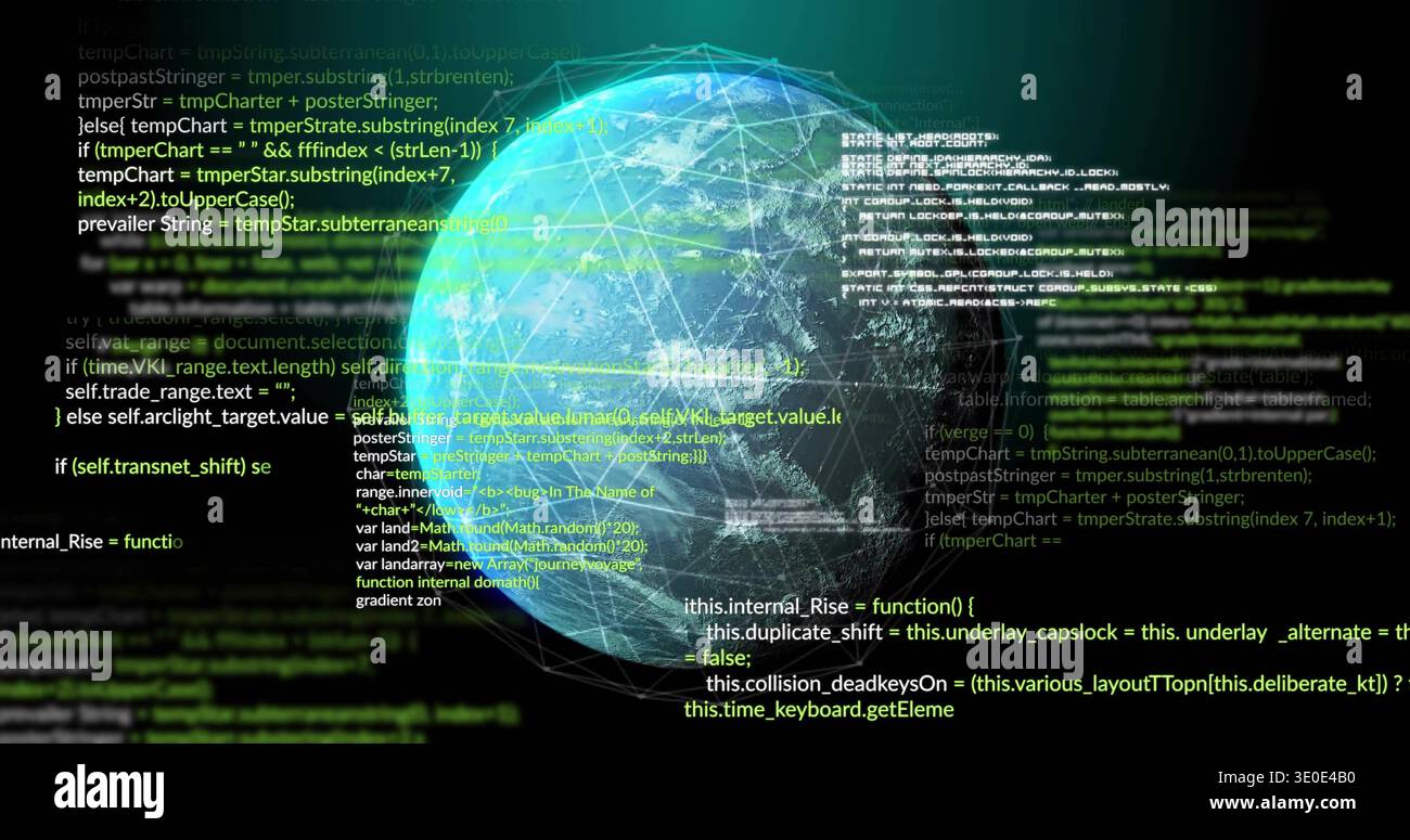 Glowing wireframe globe pulsing in virtual data network, showing floating code and nodes Stock Photo