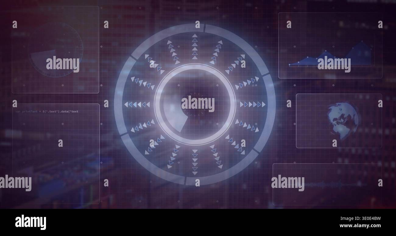 Animating central segmented circular HUD rotating within digital dashboard, with waveform panels Stock Photo