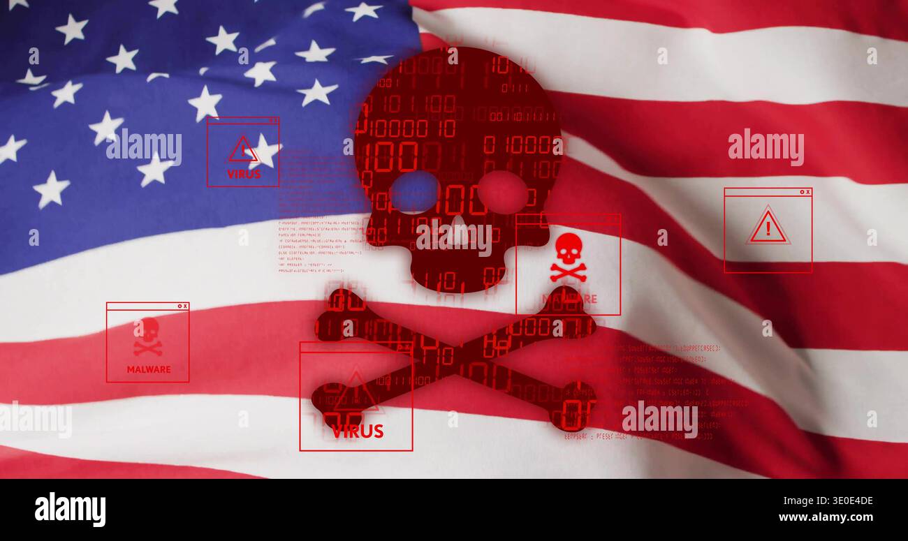 Displaying red skull-and-crossbones over United States flag, showing malware popups and binary code Stock Photo