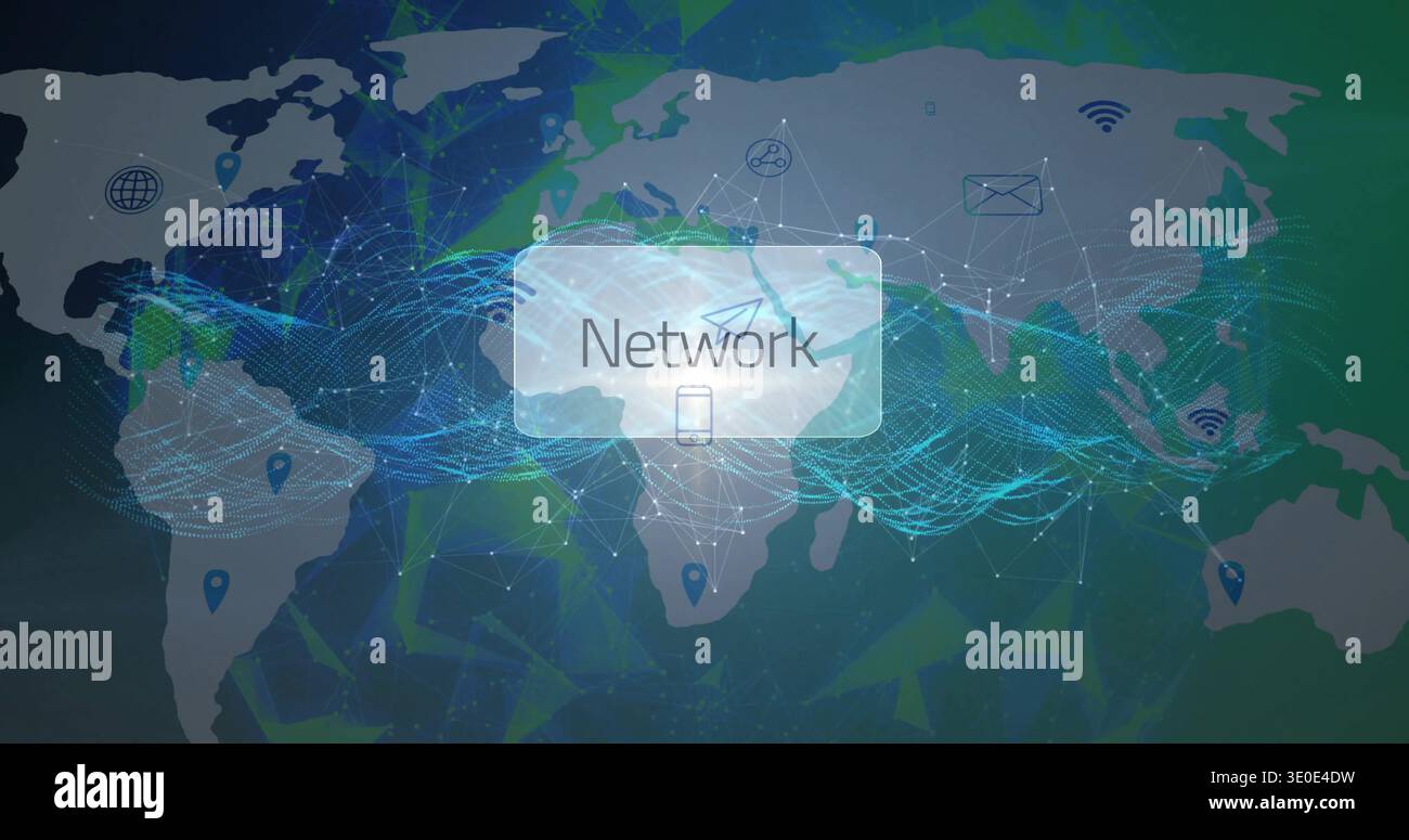 Displaying central Network box over world map, linking smartphone icon, waveforms, node points Stock Photo