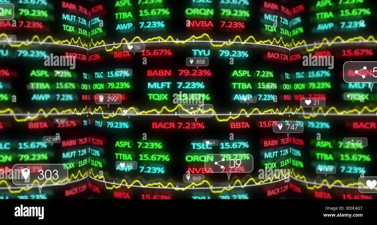 Ticker display updating on live feed, flashing neon tickers, yellow waves indicating gains, losses Stock Photo