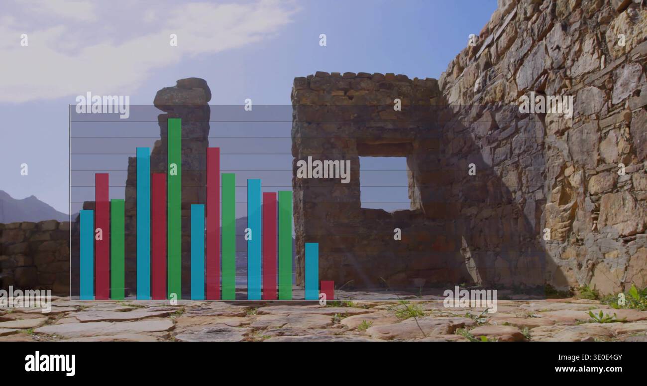 Showing weathered stone wall casting long shadow in sunlit ruin courtyard, with bar chart overlay Stock Photo