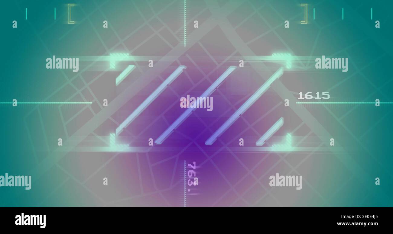 Displaying triangular HUD panel centered on virtual grid, showing five bars and circular marker Stock Photo