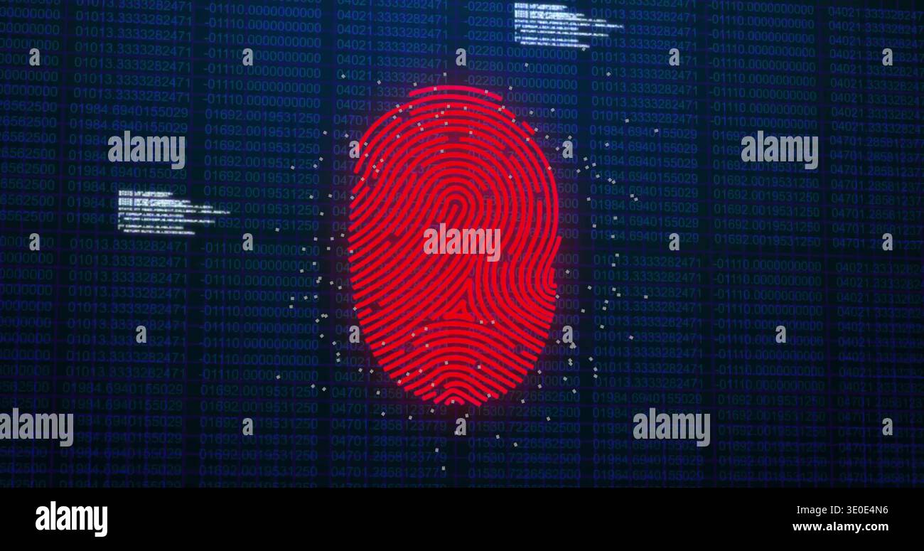 Dominating red fingerprint graphic glowing on virtual display, showing binary hex code, data nodes Stock Photo