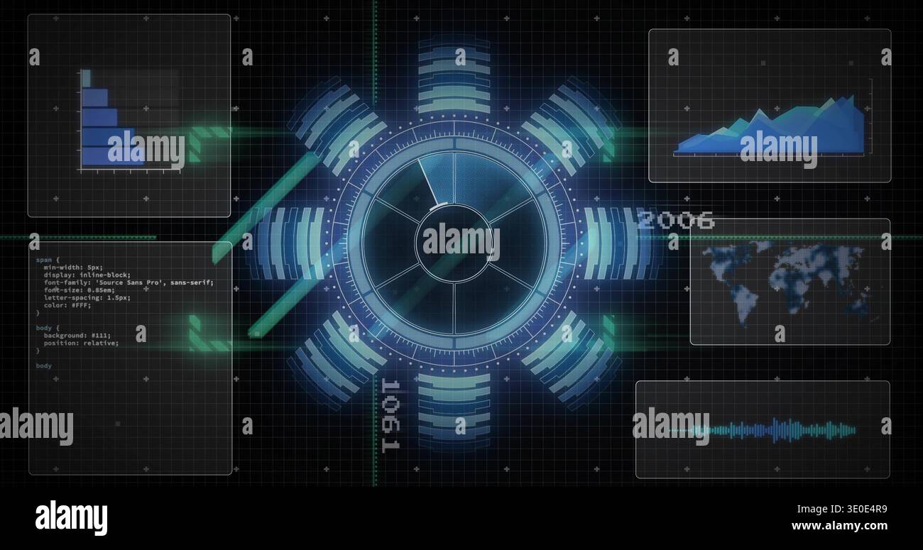 Displaying central circular HUD rotating on virtual console, showing bar chart, map, waveform, code Stock Photo