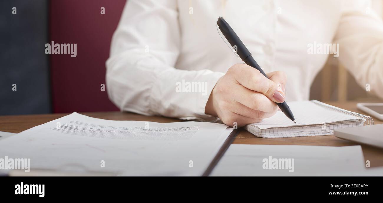 Young successful woman writing notes while sitting in office Stock Photo