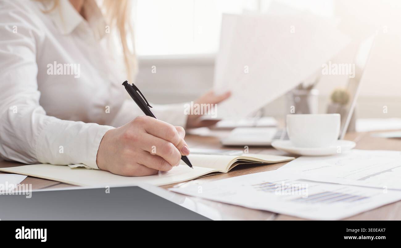 Young successful woman writing notes while sitting in office Stock Photo