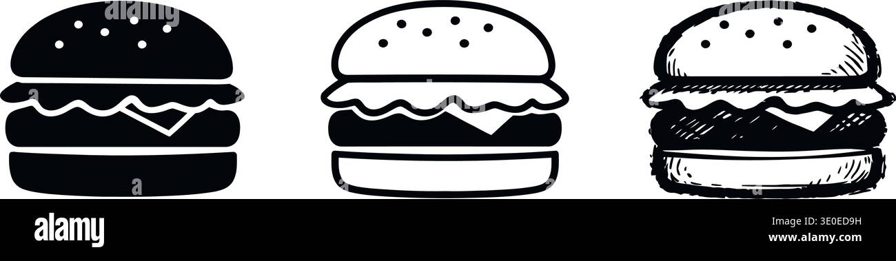 Simple hamburger icon set featuring both outline and solid black versions for digital design. Stock Vector