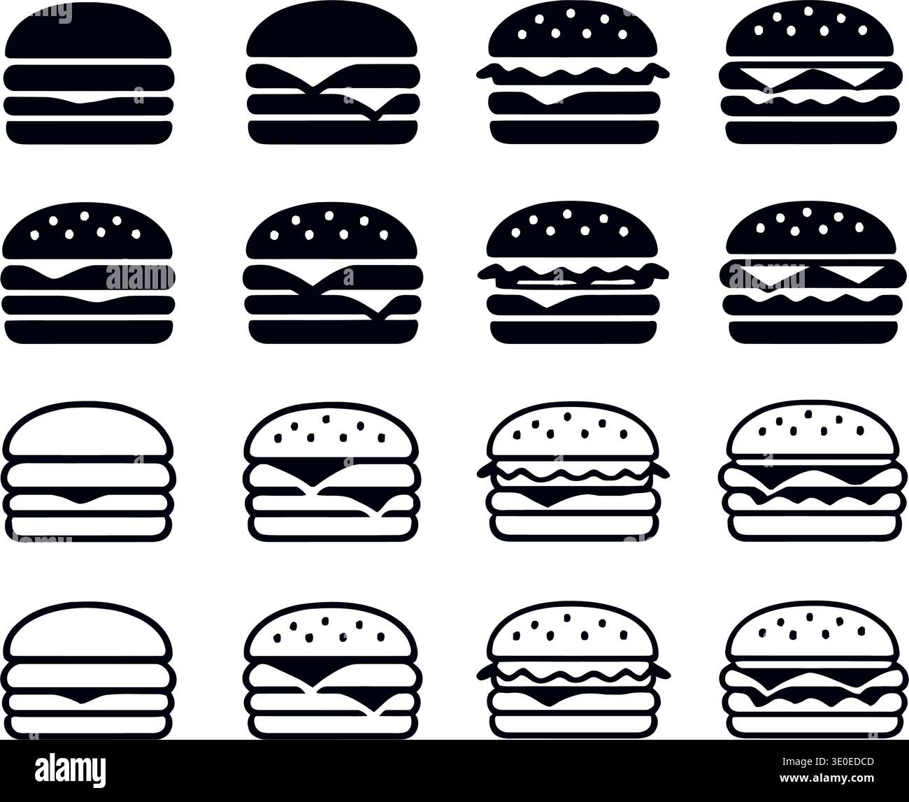 Simple hamburger icon set featuring both outline and solid black versions for digital design. Stock Vector