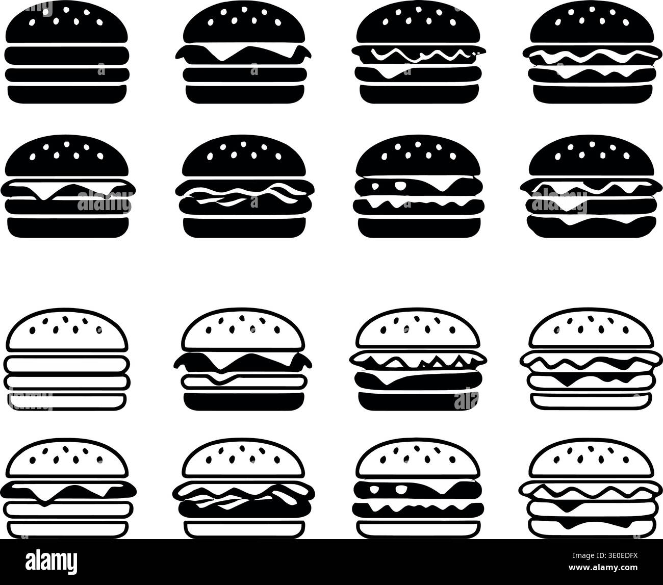 Simple hamburger icon set featuring both outline and solid black versions for digital design. Stock Vector