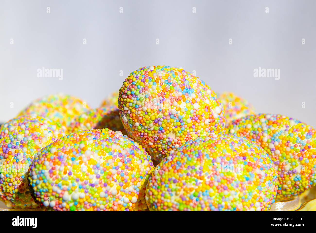 Tactile Easter eggs sprinkled with sugar. Copyspace Stock Photo