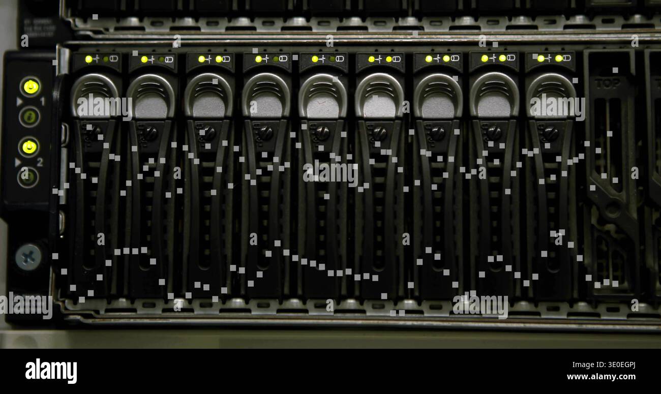 Showing rack server drive bay in data center, featuring hot-swap caddies and yellow LEDs Stock Photo