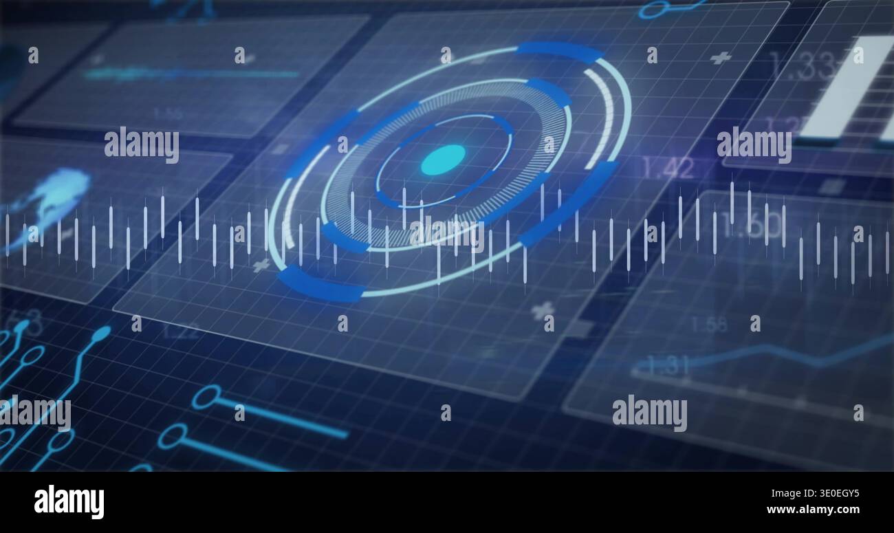 Displaying concentric HUD spinning over dark grid plane, with waveform, data panels, circuit traces Stock Photo