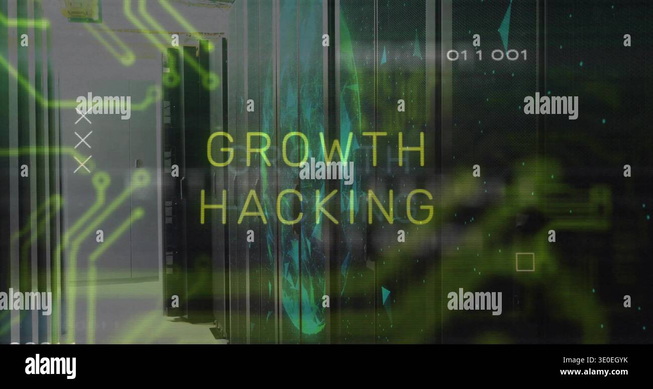 Displaying large GROWTH HACKING text glowing across server room, with server racks and LEDs Stock Photo