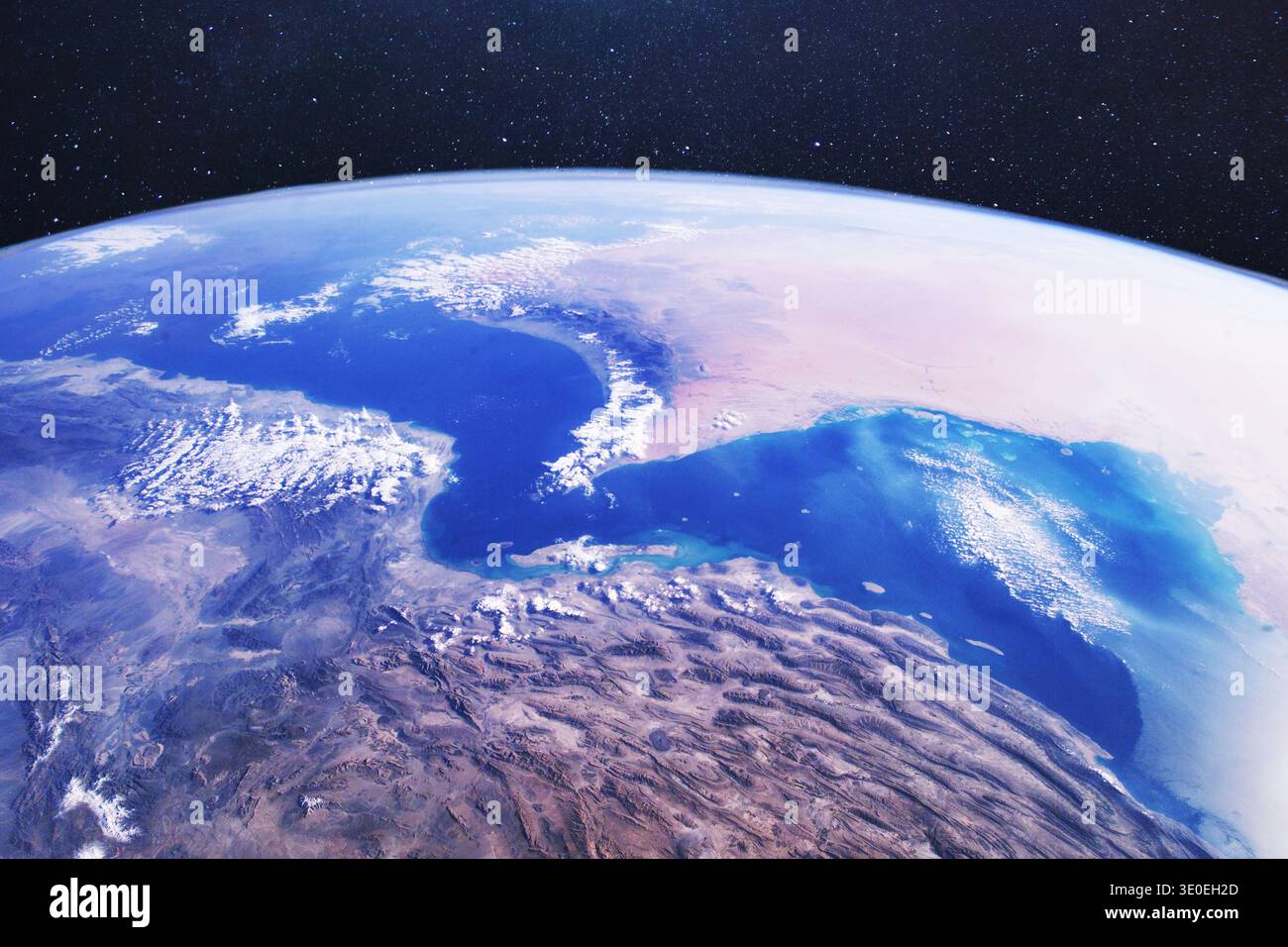 satellite view of the Strait of Hormuz and Iran from space. Conceptual ...