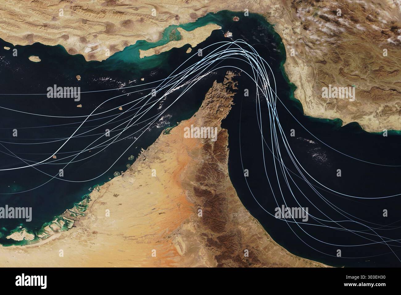 Satellite view of the Strait of Hormuz with white graphic lines representing global shipping lanes and maritime traffic between the Persian Gulf and G Stock Photo - Alamy