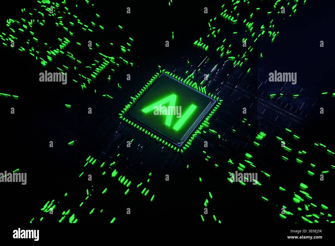 artificial intelligence core with glowing circuits. A sleek, high-tech background illustrating big data processing and next-generation computer hardwa Stock Photo
