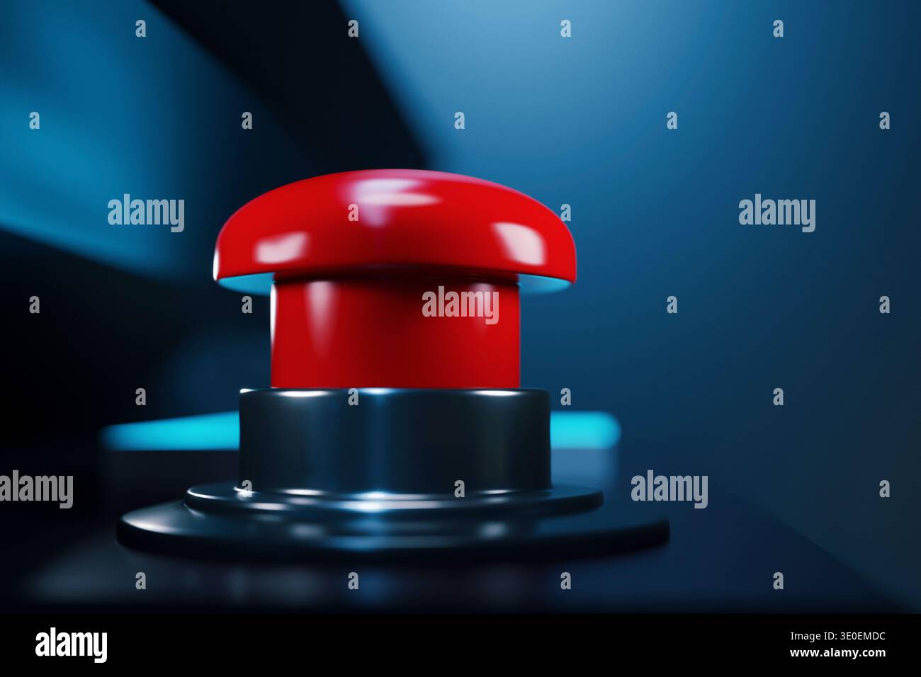 Extreme close-up of a glossy red panic button on a metallic base. High-tech dark blue background with cinematic lighting. Concept of emergency, nuclea Stock Photo