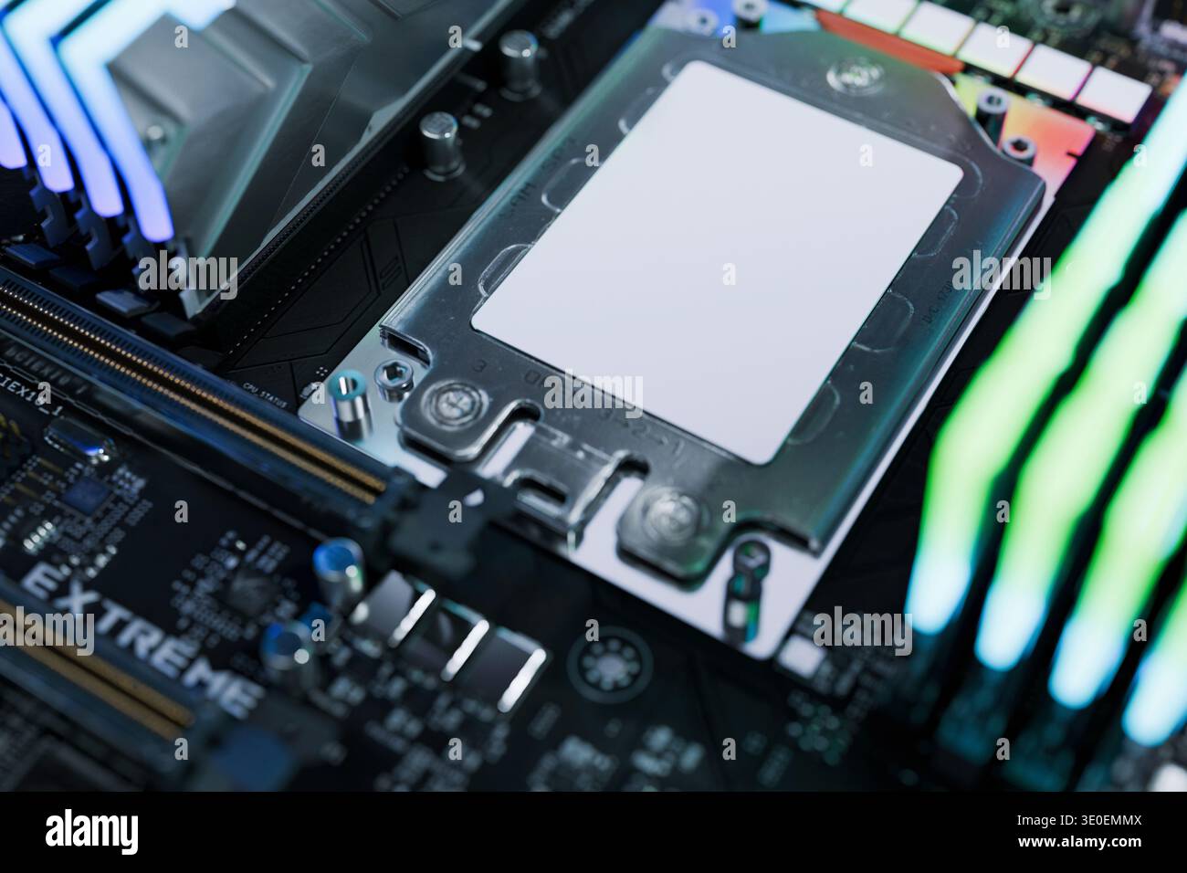 Futuristic computer hardware background featuring semiconductor technology and microchip socket. Concept of digital transformation, artificial intelli Stock Photo
