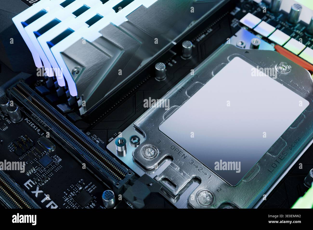 Top view of motherboard or processor socket on a server-grade motherboard. High-performance computing, data center hardware, and enterprise workstatio Stock Photo