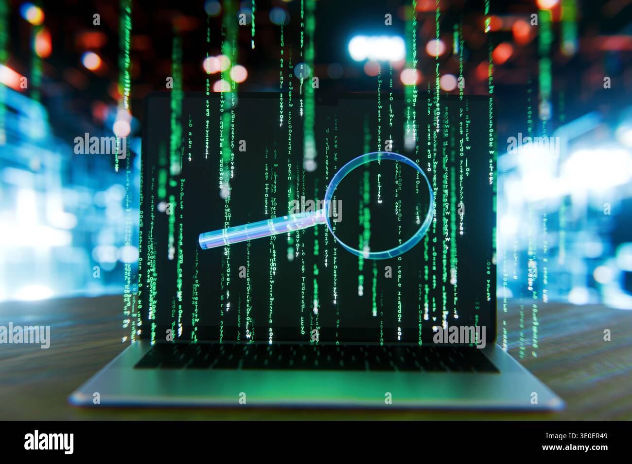 laptop featuring a floating magnifying glass over falling green binary code. digital forensics, software debugging, and cloud computing security. Sear Stock Photo