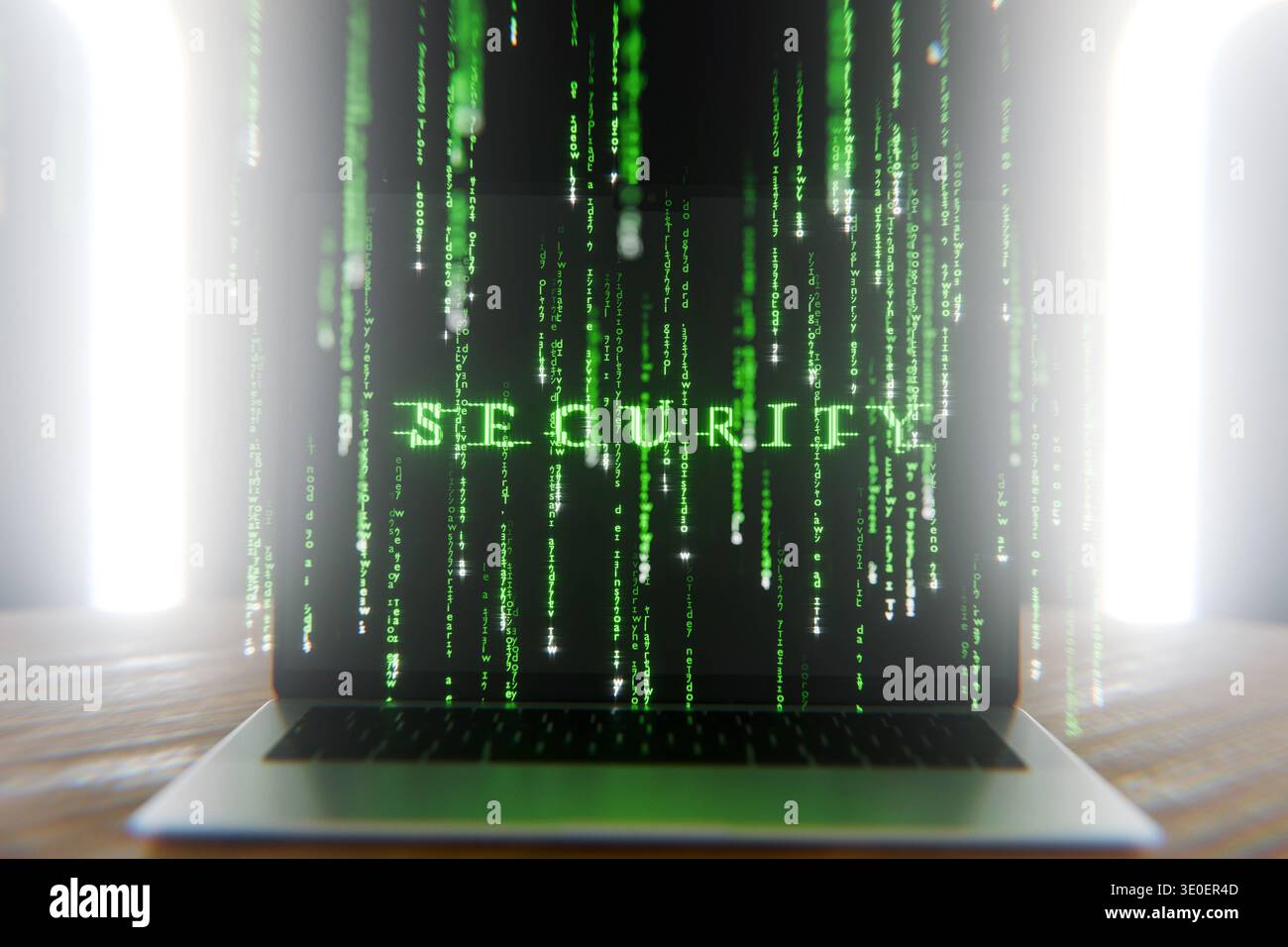 modern laptop displays the word SECURITY formed by glowing green matrix-style code. Features a futuristic digital rain effect against a bright, high-t Stock Photo