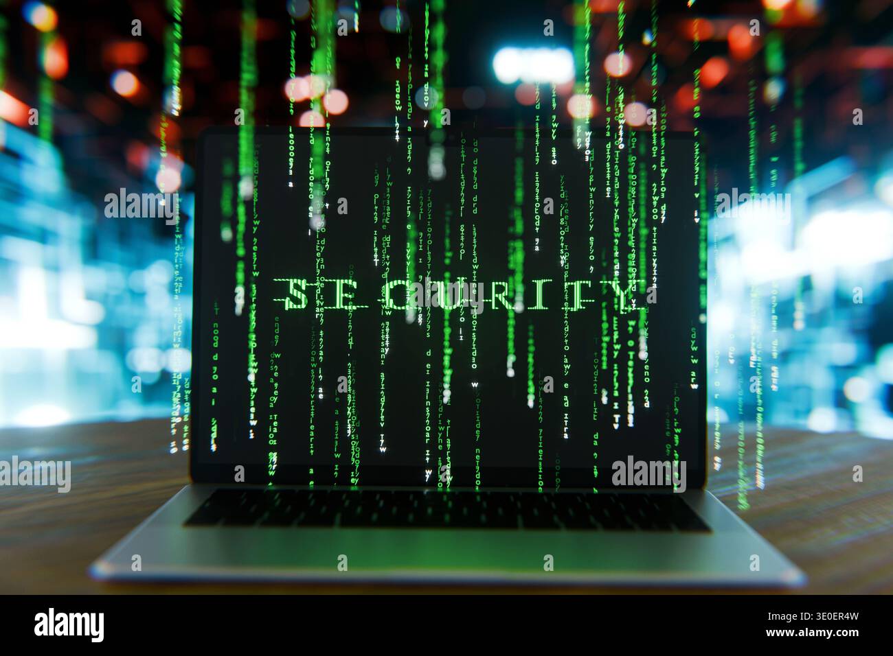 laptop screen displaying the word SECURITY formed by glowing green matrix-style code. Features digital rain effects, representing data encryption, cyb Stock Photo