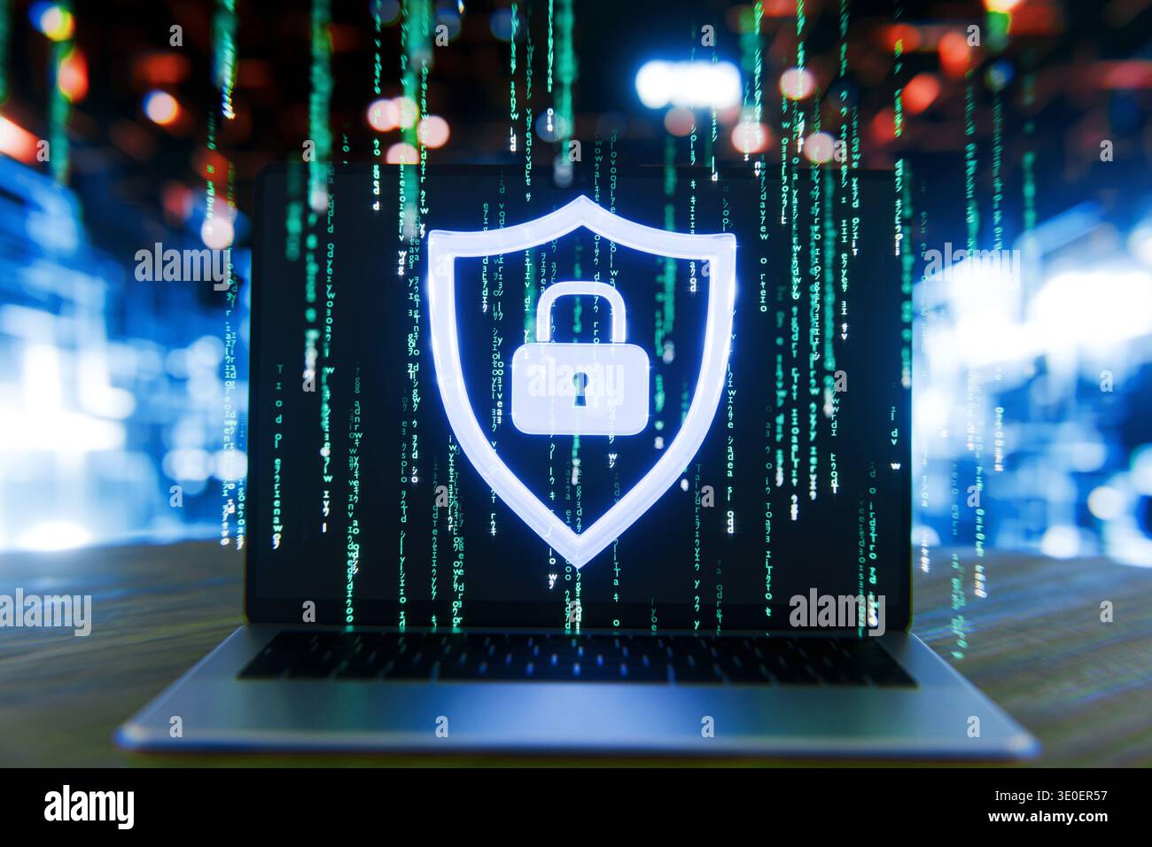 Futuristic laptop displaying a glowing shield with a padlock icon over a green digital matrix code, symbolizing advanced cybersecurity, data protectio Stock Photo