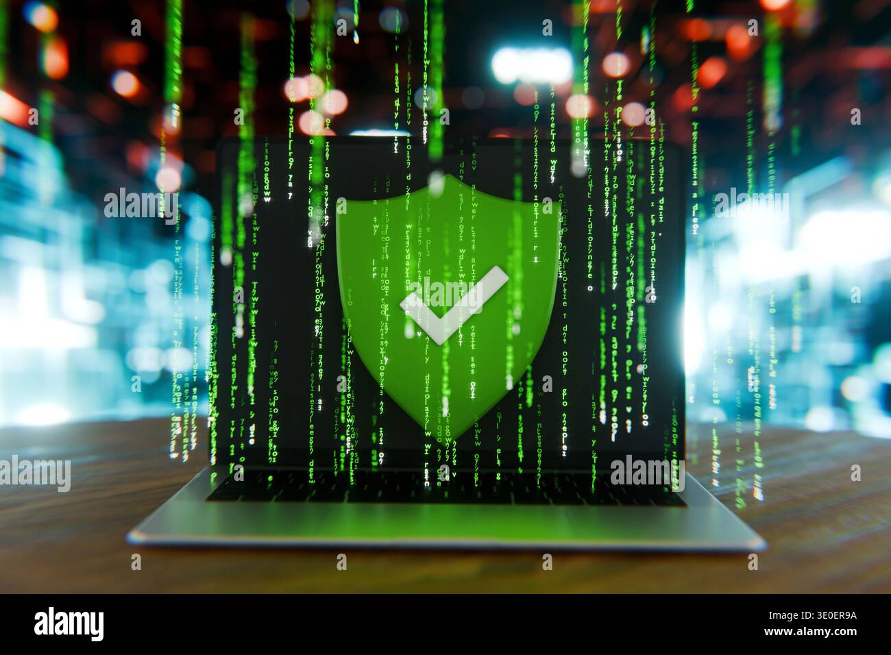 laptop screen displaying a green shield with a checkmark over digital matrix rain, representing successful cybersecurity, verified data protection, sy Stock Photo